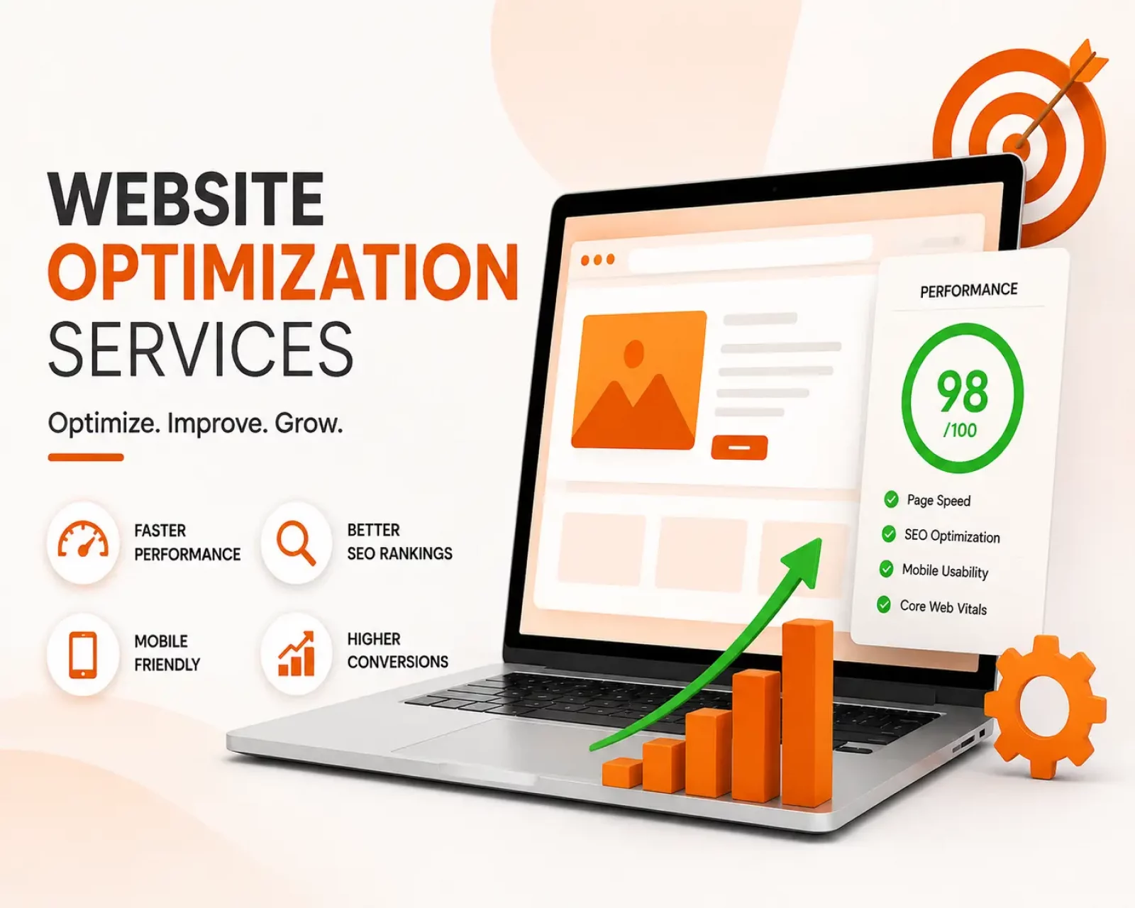 Website optimization services with SEO, speed improvement, and performance analytics.